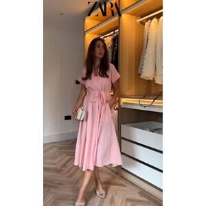 NEW Zara Midi Pink Shirt Belted Midi Dress Pink Size Small